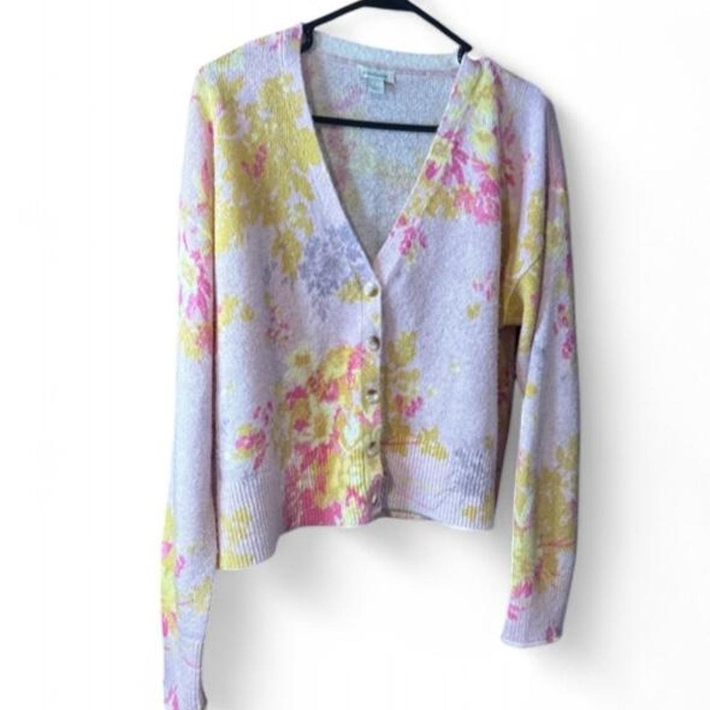 Sundance Floral Cardigan Sweater Wool Blend Pastel Pink Yellow V-Neck Large L